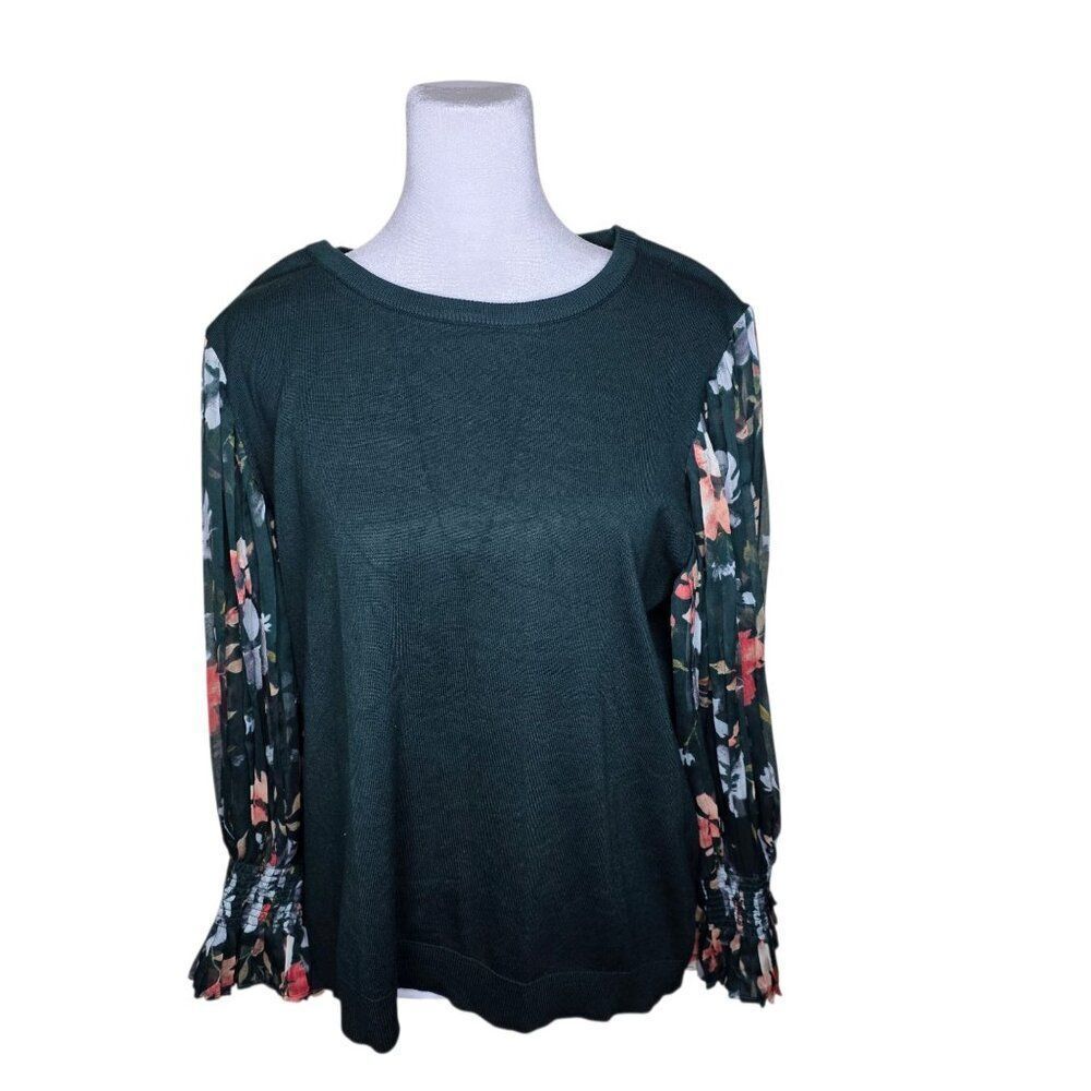 Adrianna Papell Sheer Floral Sleeve Pullover Sweater Womens Size L Forest Green